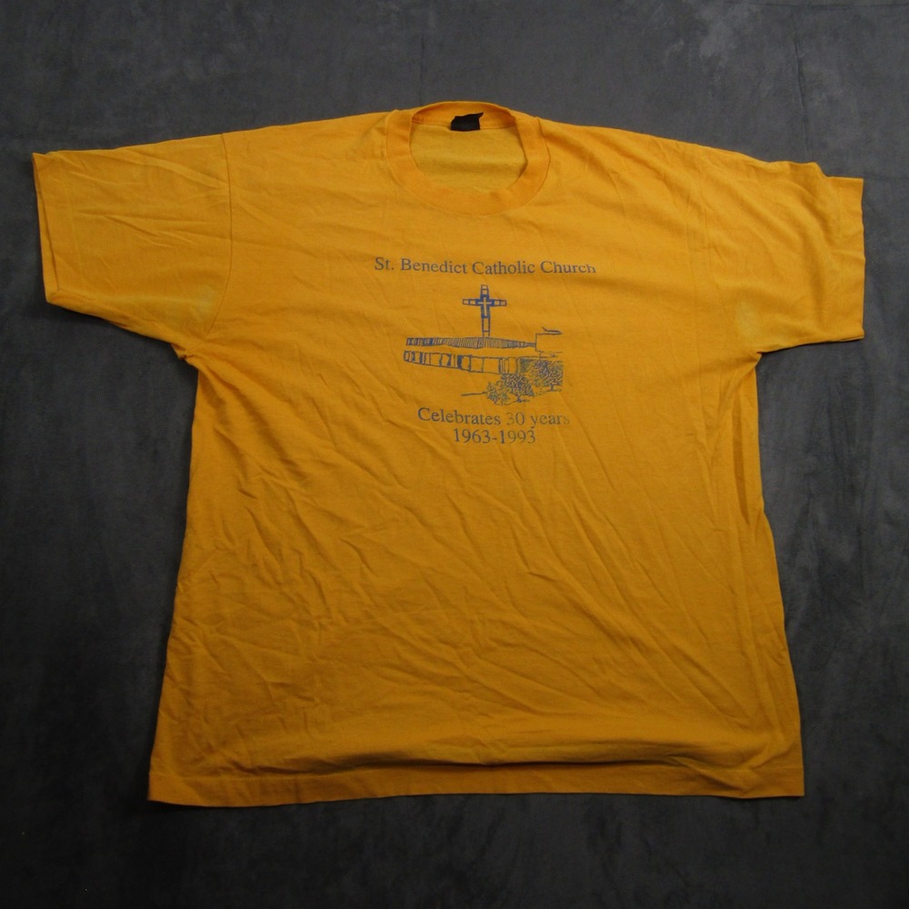 Screen Stars T-Shirt Mens XL Yellow St. Benedict Catholic Church 90s Vintage